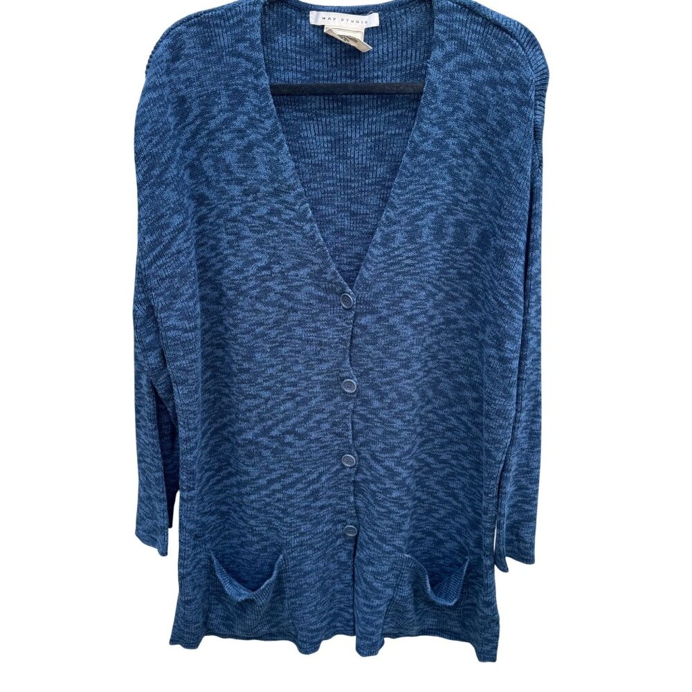 Max Studio Coastal Marled Knit‎ Oversized Longline Cardigan Sweater Hygge Blue S